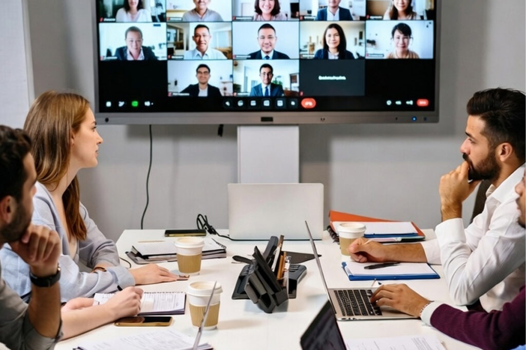 Nexara website core advantages section people speaking on video meeting