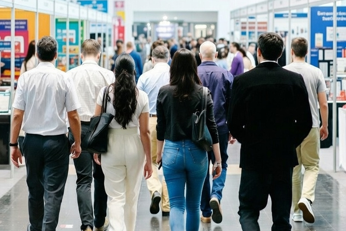 People walking through modern tradeshow